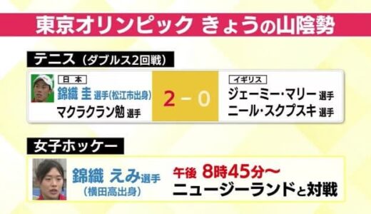 【東京五輪】松江市出身テニス錦織圭ダブルスで快勝！準々決勝進出（島根県松江市、横田町、鳥取県米子市）