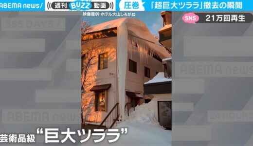 規格外の巨大ツララ“全長2階の屋根から地面”を撤去 ド迫力映像に「あまりに大きすぎる」ネット騒然