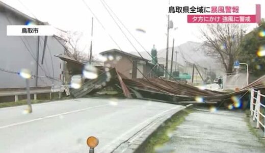 電柱が倒れ屋根がとんだ…鳥取市で最大瞬間風速３４・２メートル　暴風に警戒を（鳥取・鳥取市）