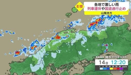 未明から昼過ぎにかけ各地で激しい雨　交通障害も発生（島根県・鳥取県）