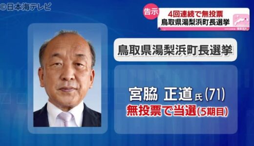 湯梨浜町長選挙　現職の宮脇氏が５選果たす　無投票当選　鳥取県