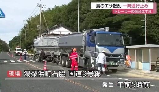 トレーラーが横転　荷台から鳥のエサが道路へ散乱（鳥取・湯梨浜町）