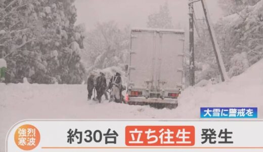 国道で一時およそ３０台「立ち往生」　トラックなどが雪に埋まる　鳥取・岡山県境