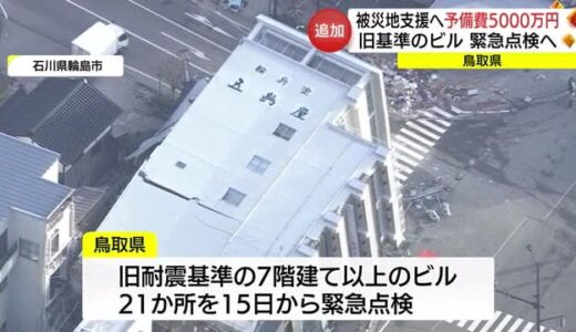 【能登半島地震】鳥取県が被災地支援に予備費から５０００万円　県内の旧基準ビル緊急点検へ（鳥取市）