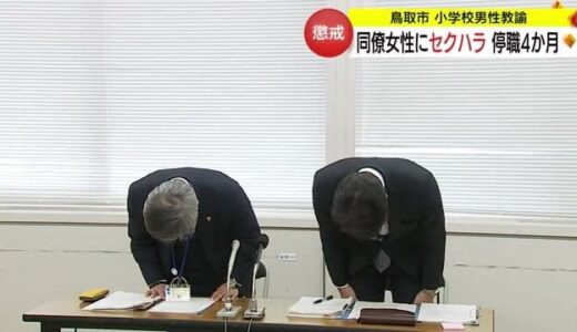 女性教職員に対し抱きつくなど「セクハラ」鳥取市立小学校の男性教諭を停職４か月の懲戒処分（鳥取）