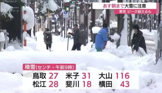 【最強寒波】山陰の平地３０センチ近い積雪も　寒気のピークはこえる（島根県・鳥取県）