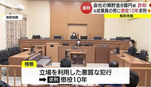 会社から８憶円あまりだまし取る　経理担当の元従業員の被告に懲役１０年求刑（鳥取・琴浦町）