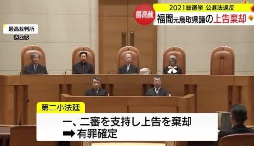 元鳥取県議の上告を棄却　公職選挙法違反の罪で罰金３０万円と公民権停止３年の判決確定
