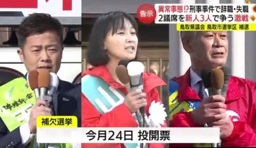 【鳥取県議会鳥取市補選】欠員「２」に新人３人が立候補　激しい選挙戦に突入