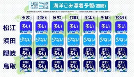 【海洋ごみ予報】鳥取市や隠岐諸島で非常に多くなる予想 ６月は北海道から北陸に多く漂着か