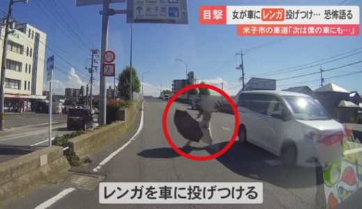 【犯行の瞬間】交差点で、車にレンガを投げつけて壊す…無職の女を逮捕　「財布かと思ったらまさかレンガ」目撃者恐怖語る