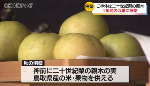 木乃実神社で1年間の収穫に感謝する祭り　二十世紀梨の親木の実や米を献上し祝詞を奏上　　鳥取県鳥取市