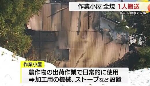 倉吉市で農作業小屋が全焼…高齢男性が負傷し救急搬送　中に加工用機械とストーブ（鳥取）