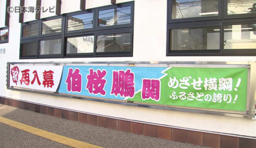 2023年7月場所以来の幕内復帰・伯桜鵬関　地元の鳥取県倉吉市に横断幕
